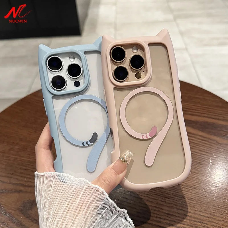Ins Cute Cat Tail for Magsafe Phone Case For iPhone 17 16 15 14 13 12 Pro Max Air Plus Cat Ear Transparent Shockproof PC Cover