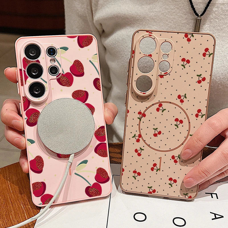 Little Cherry Pattern Magnetic Phone Case For Samsung Galaxy S26 S25 Ultra Edge S24 S23 FE A57 A17 A56 A37 A16 A55 A36 A55 Cover