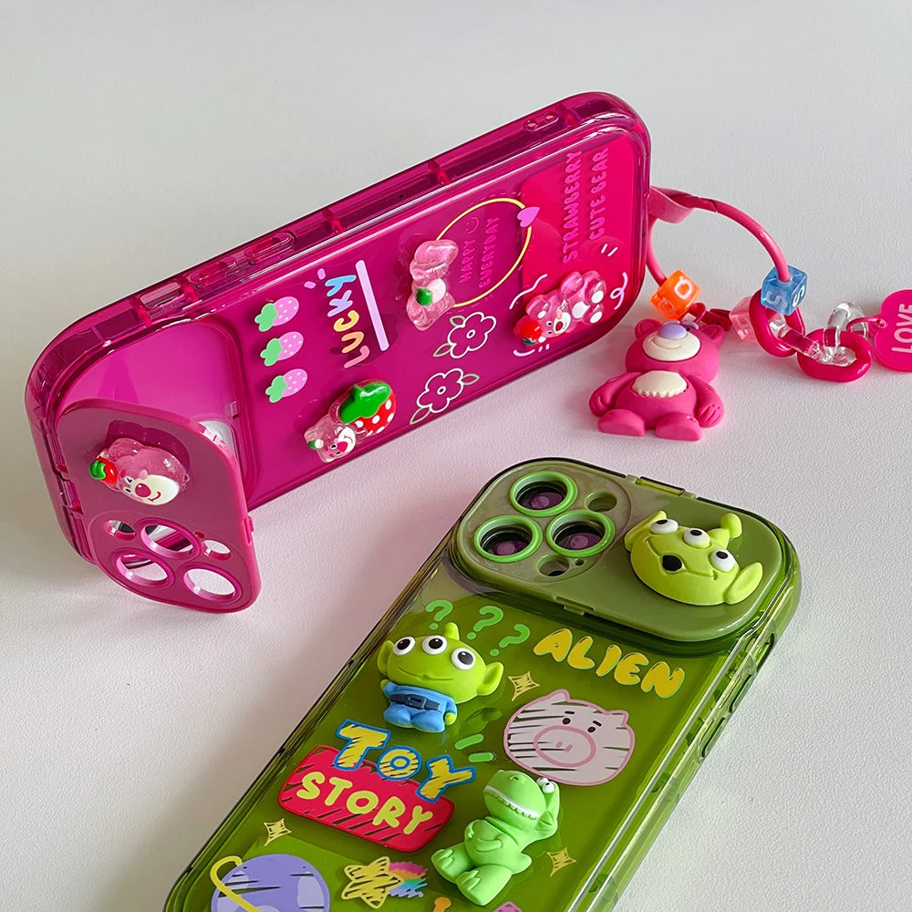 Cartoon 3D Doll Toy Story Alien Lotso Candy Color Mirror Stand Holder Phone Case For iPhone 7 8 11 12 13 14 15 16 17 Plus Pro