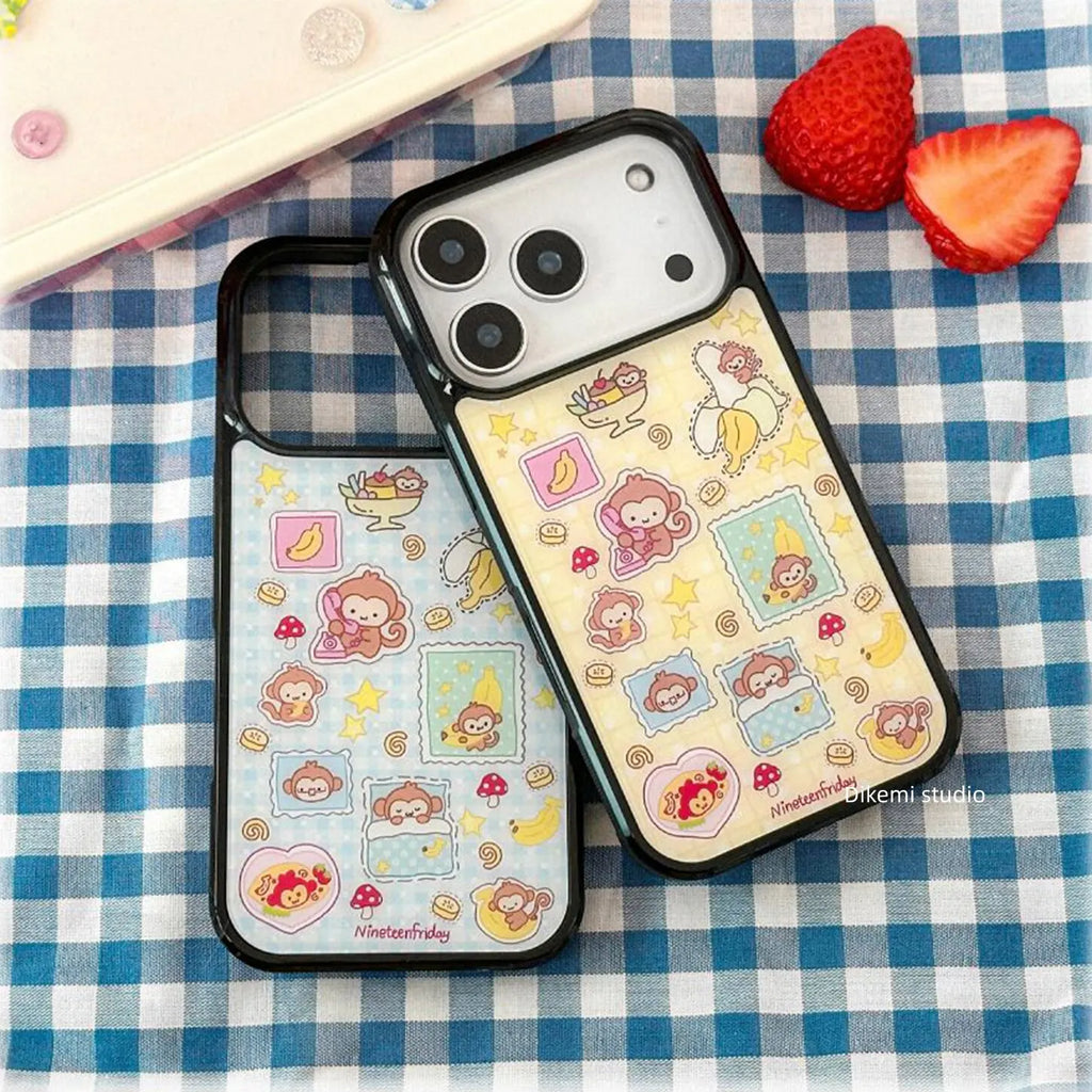 Korean Ins Blue Yellow Monkey Banana Phone Case For iPhone 17 Air 16 Pro Max 15 14 Plus 13 12 11 Shockproof Silicone Back Cover