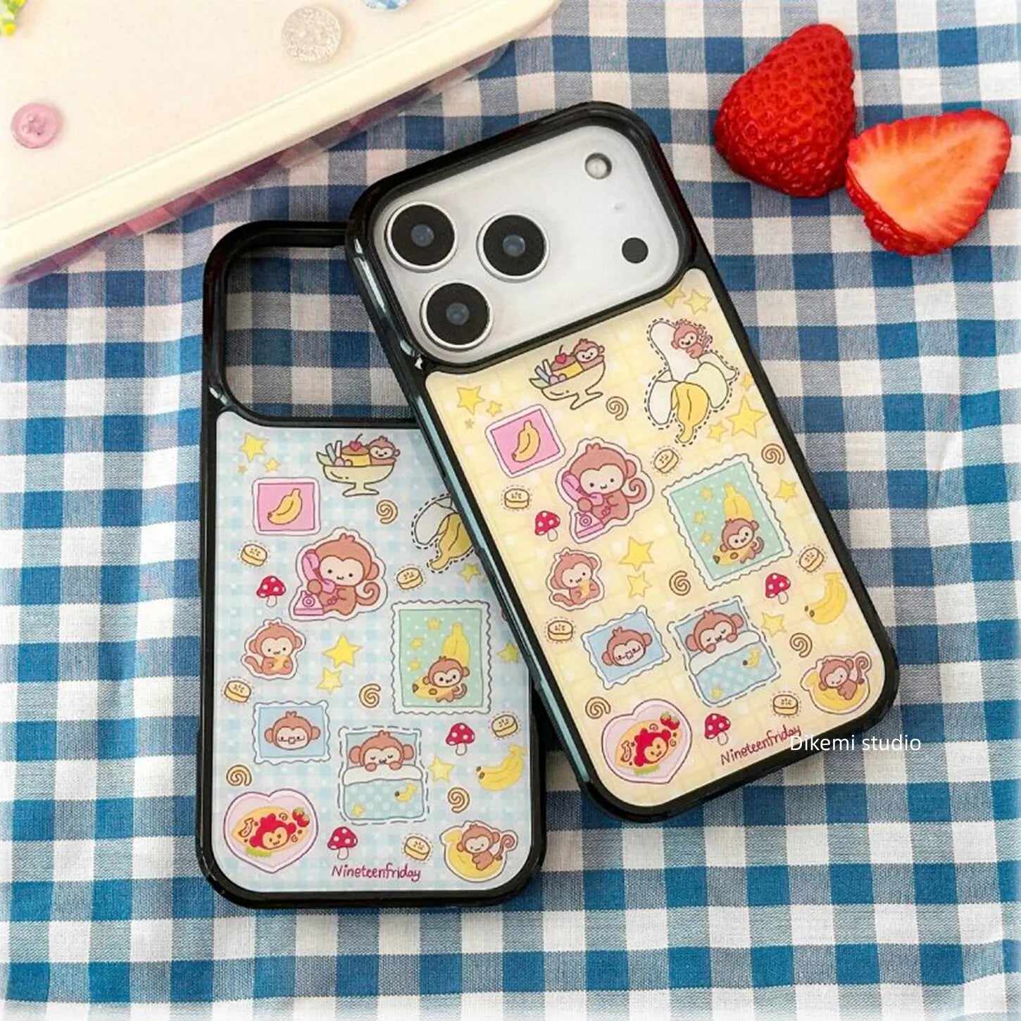 Korean Ins Blue Yellow Monkey Banana Phone Case For iPhone 17 Air 16 Pro Max 15 14 Plus 13 12 11 Shockproof Silicone Back Cover