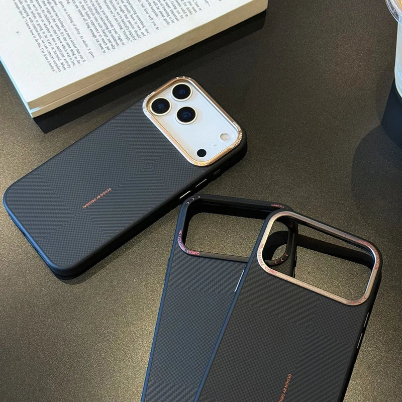 Carbon Fiber Texture for MagSafe Phone Case for iPhone 17 17Pro Max 16 15 14 Magnetic Alloy Lens Wireless Charging Frosted Cover