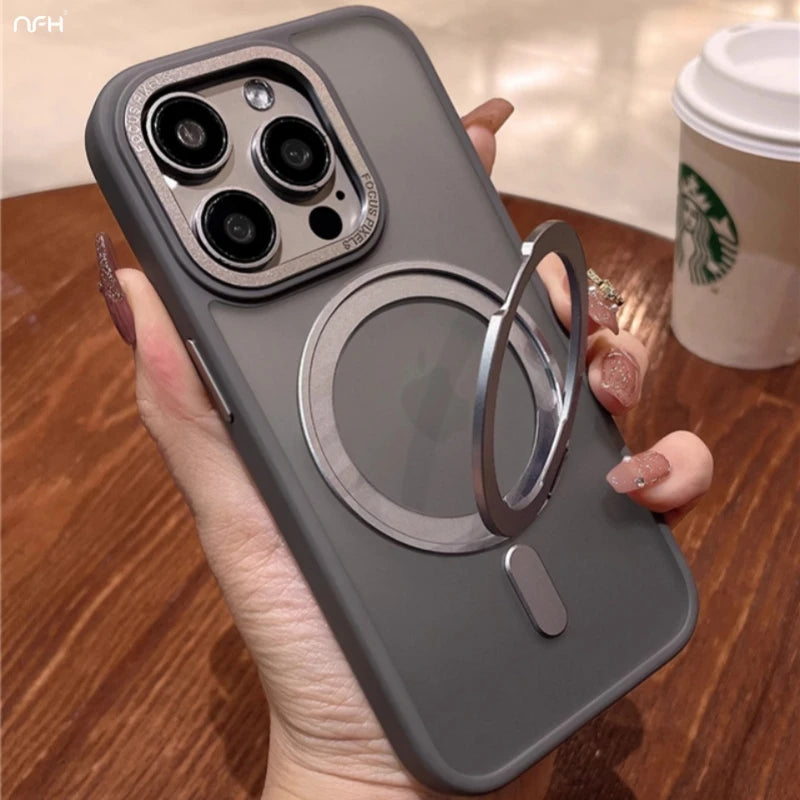 For iPhone 16 Pro Max Luxury 360°Rotating Holder Stand Magsafe Magnetic Phone Case For iPhone 13 14 15 16plus 17 Air Matte Cover