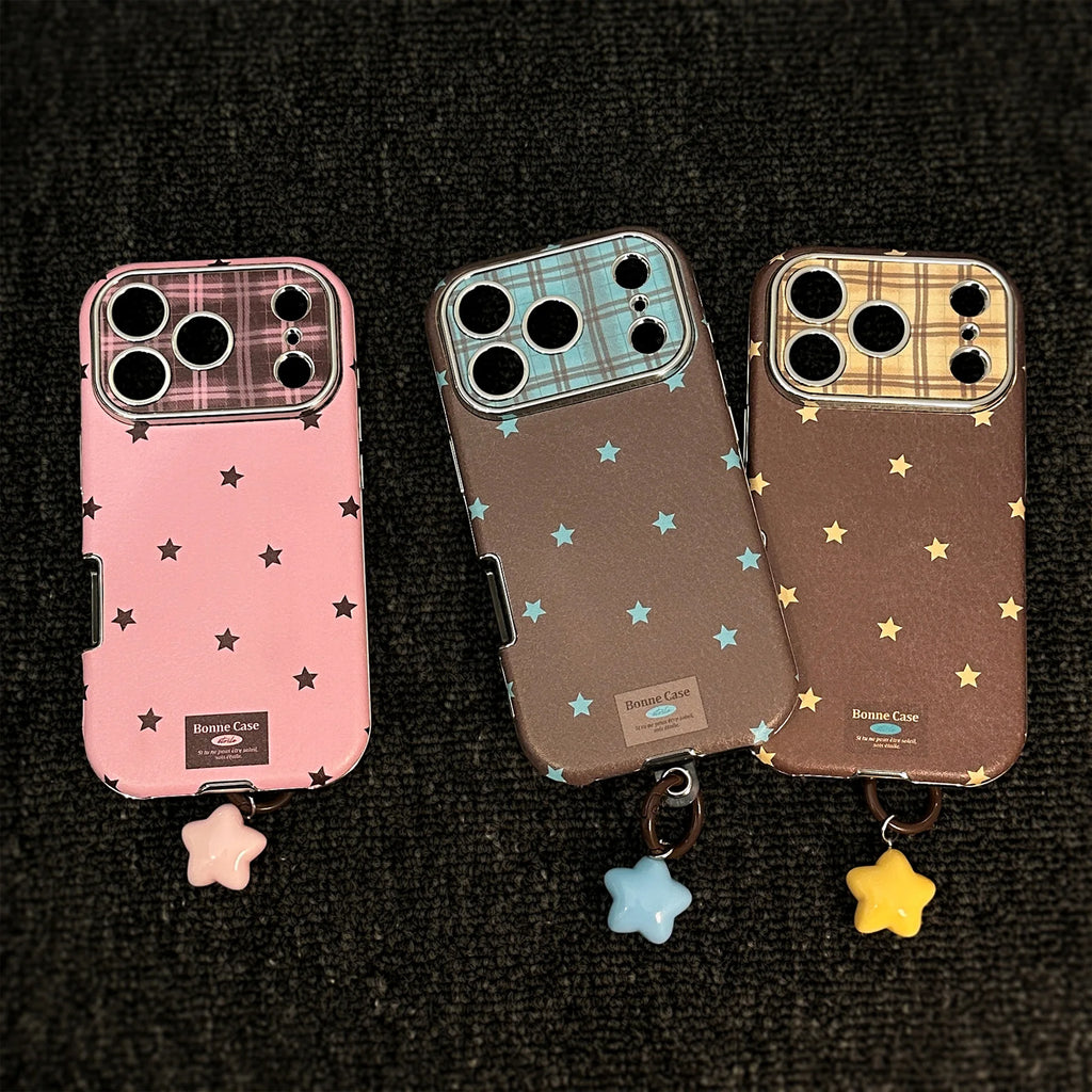 Korean Retro Stars Plating Leather Texture Phone Case For iPhone 17 16 15 Plus 14 13 12 11 Pro Max With Pendant Shockproof Cover