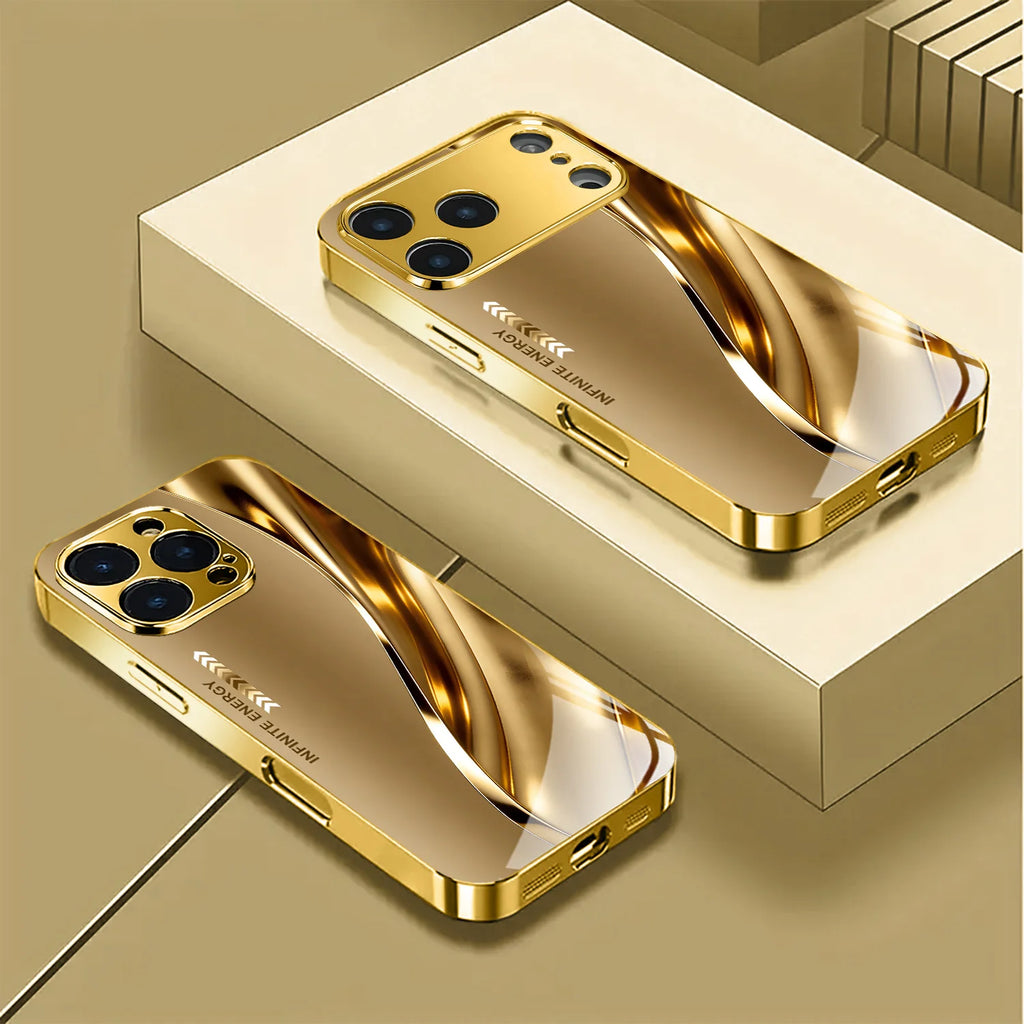 New electroplated glass phone case with metal curve design, suitable for iPhone 17, 16, 15, 14, 13, 12, 11, etc.