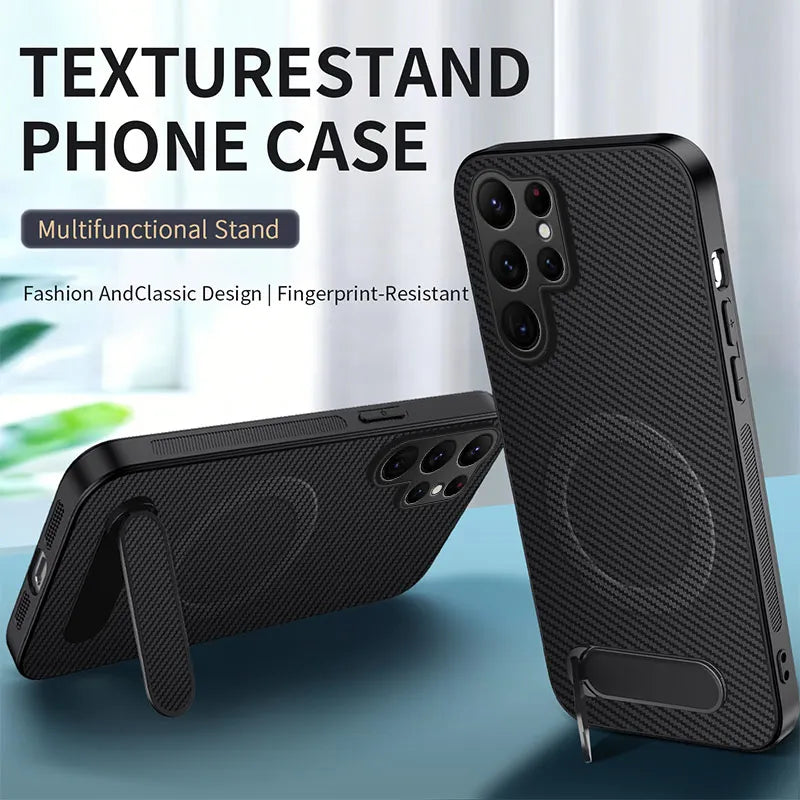 Carbon Fiber Magnetic Stand Case for Samsung Galaxy S26 Ultra S25 Edge S24 S23 S22 S21 S20 Ultra Plus S25 FE for Magsafe Cover