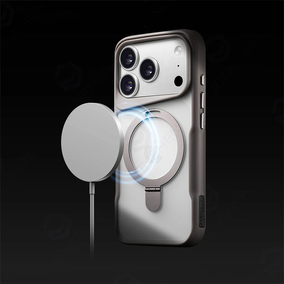 For Magsafe Magnetic Charge Translucent Armor Case For iPhone 17 16 15 14 13 Pro Max Metal Bracket Stand Holder Clear Cover