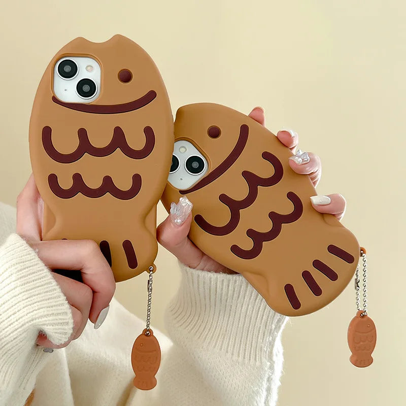 Cute Cartoon Animal 3D Taiyaki Fish Silicone Phone Case For iPhone 17Air 15 14 13 12 16 Pro Max With Pendant Shockproof Cover
