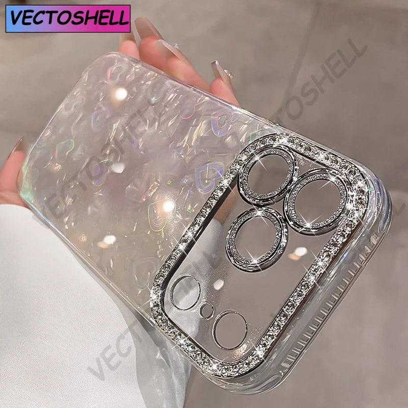 Elegant Glitter Crystal Love Laser shell pattern Phone Case For iphone 17 Air 16 15 14 Plus 13 12 Pro Max Soft Lens film Cover