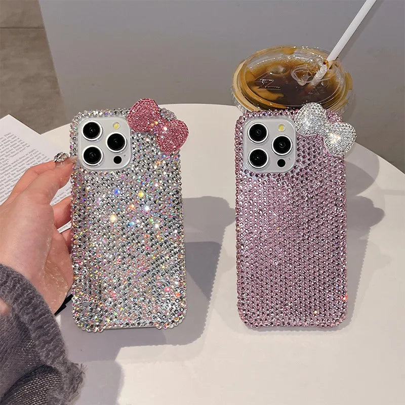 The Sparkling Diamond water diamond bow phone case is suitable for iPhone17pro 15, 14, 13, 16ProMax phone cases