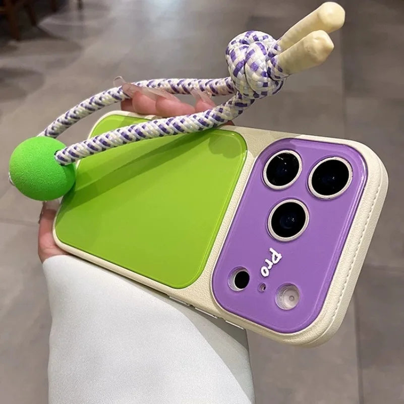 Summer Dopamine Color Lanyard Case for iPhone 17 16 15 14 13 Pro Max 17Pro 16Pro Leather Frame Acrylic Back Bicolor Chain Cover