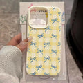 Korean Yellow Plaid Blue Bowknot Phone Case For iPhone 17 16 15 Pro Max 14 13 12 11 Leather Texture Shockproof Cute Girly Coque