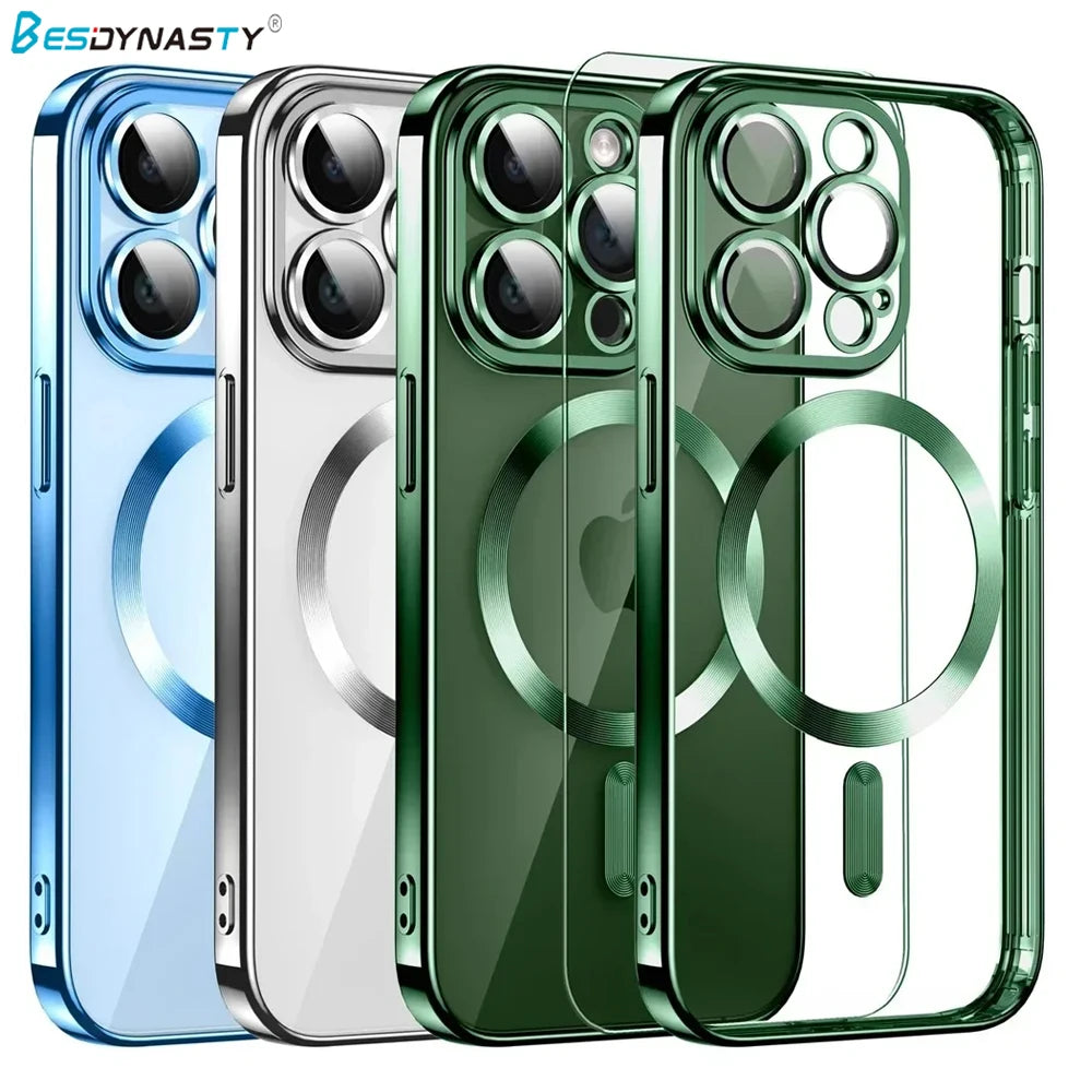 Plating Soft Clear Case For iPhone 17 Air 16 15 14 13 12 11 Pro Max Wireless Charging Magsafe Shockproof TPU Cover Weak Magnetic
