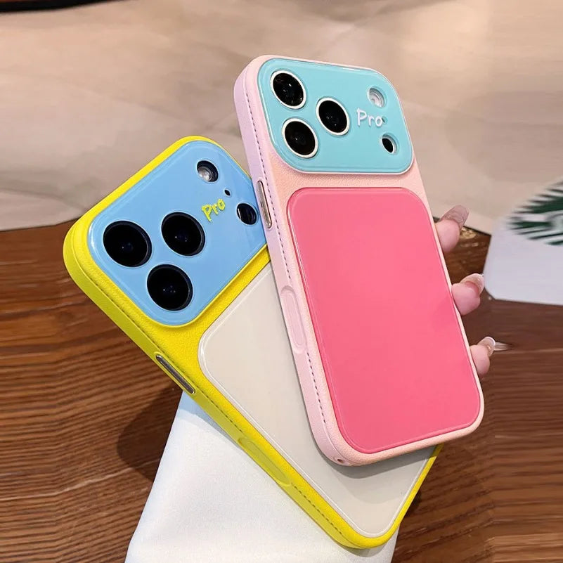 Summer Dopamine Color Lanyard Case for iPhone 17 16 15 14 13 Pro Max 17Pro 16Pro Leather Frame Acrylic Back Bicolor Chain Cover