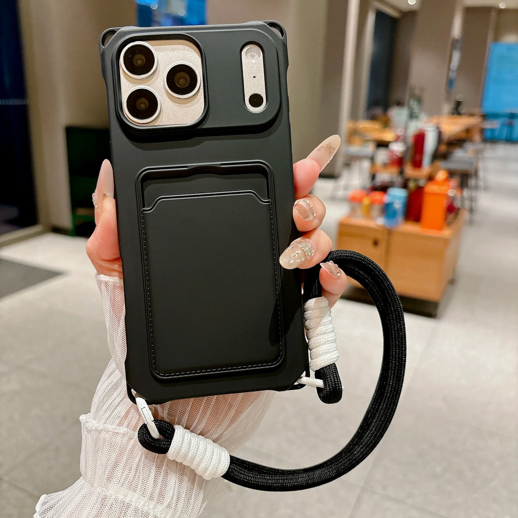 Four Corner Holes Detachable Hand Wrist Lanyard Phone Case For iPhone 17 16 15 14 13 12 11 Pro Max Plus Mini Air Card Slot Cover