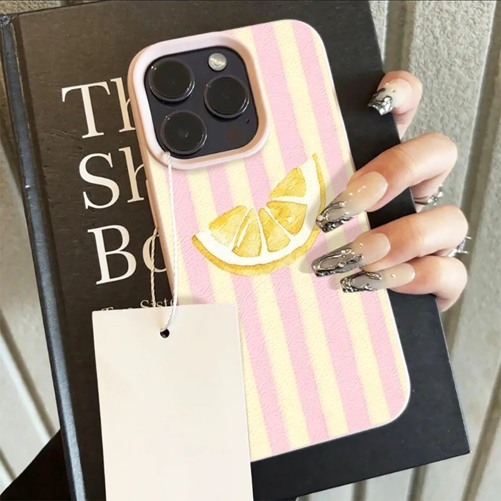 Fresh Lemon Striped Phone Case For iPhone 17 16 15 14 13 12 11 Pro Max For iPhone Air 16 15 14 Plus XR XS X Lychee Soft Cover