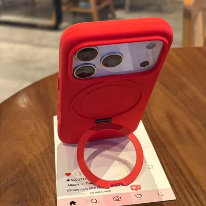 Metal Stand Holder Original Liquid Silicone Case for iPhone 17 Air 16 15 14 Plus 13 12 Pro Max For Magsafe Soft Shockproof Cover