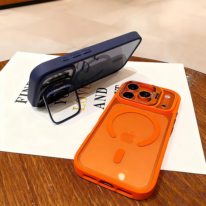 Luxury Matte Translucent Armor Shockproof For Magsafe Bracket Case For iPhone 17 16 15 14 13 12 Pro Max 17 Wireless Charge Cover