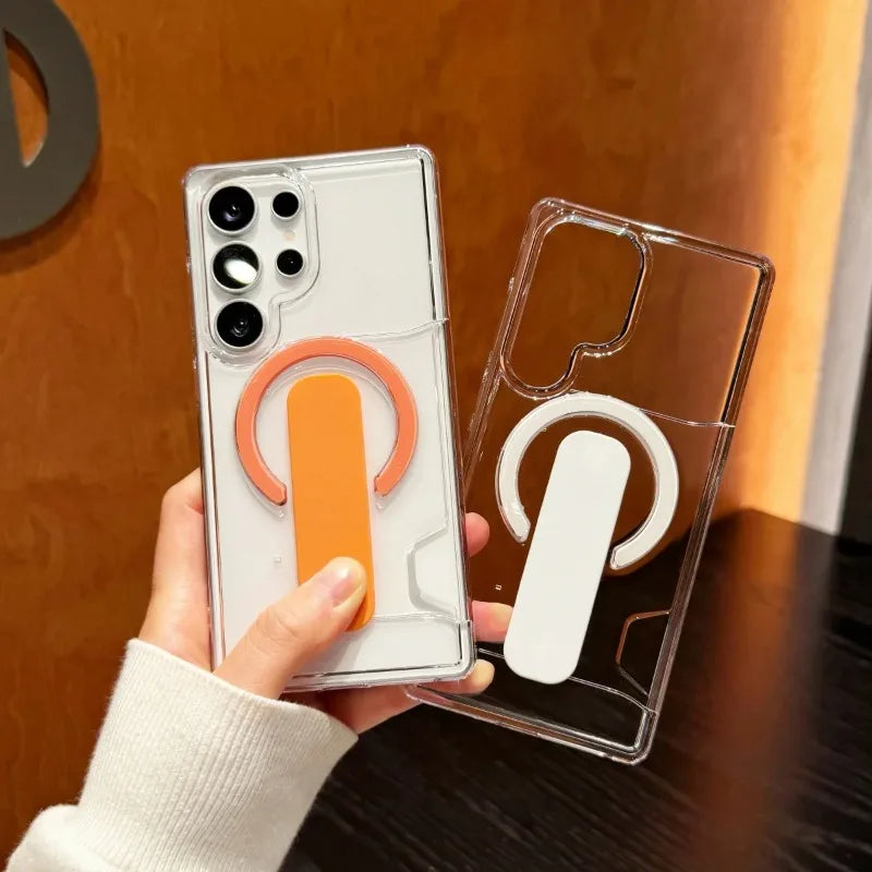 Luxury Card Holder Clear For Magsafe Magnetic Phone Case For Samsung S26 S25 S24 Plus Ultra Bracket Full Bumper Shockproof Cover