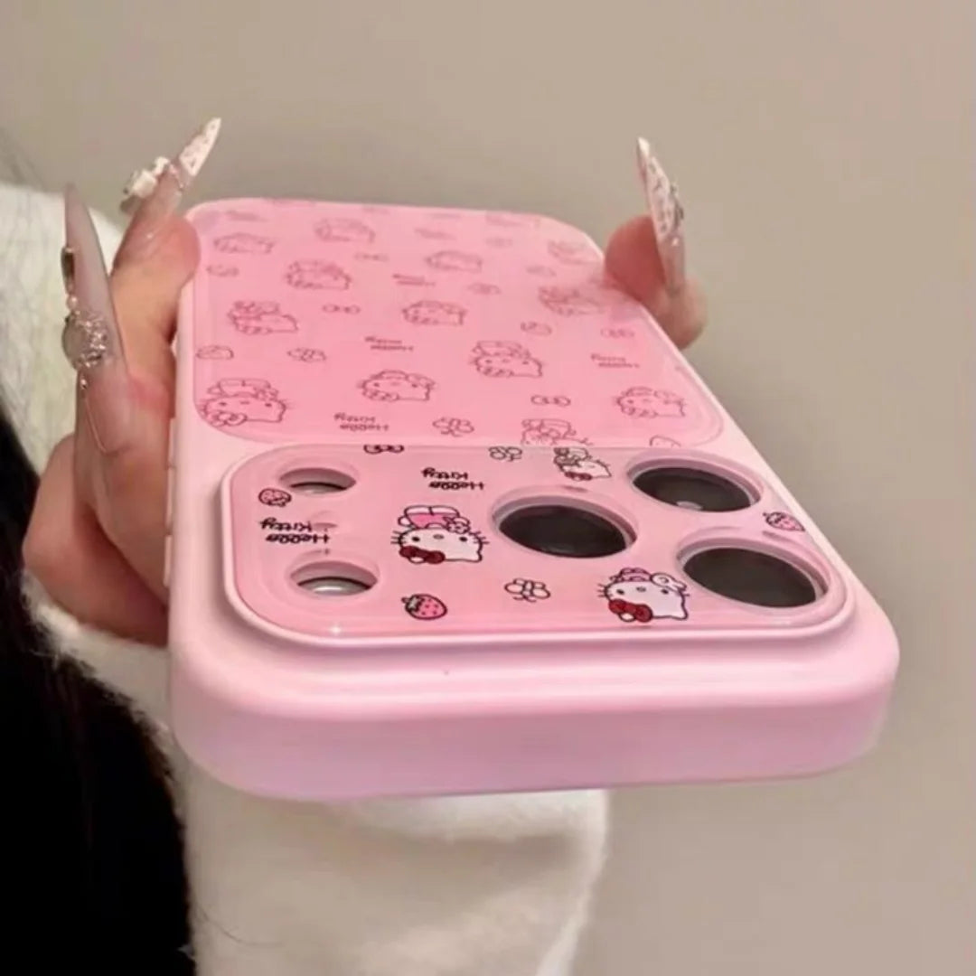 Cute Pink Sanrio Full Screen KT Camera Protection Phone Case For iphone 17 16 15 14 Pro Max Acrylic Shockproof Hard Back Cover