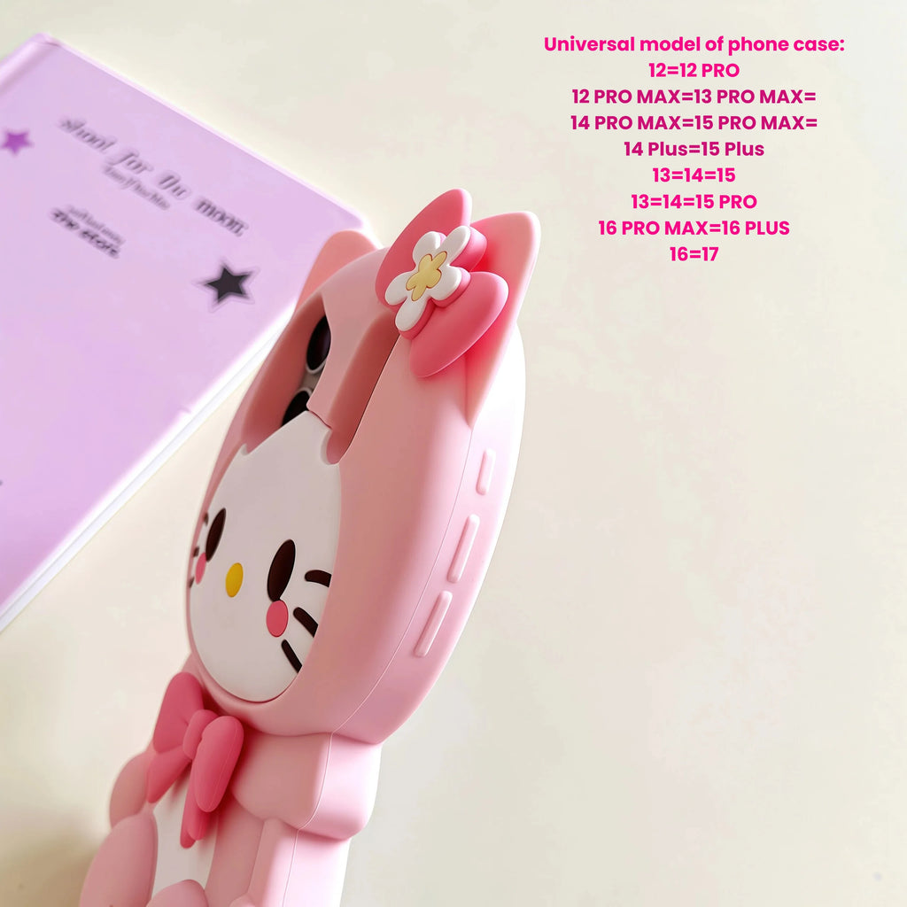 Lovely 3D Bow Hello Kitty Leg Stand Case for iPhone 17 16 15 14 13 12 Pro Max Plus Shockproof Soft Silicone Holder Phone Cover