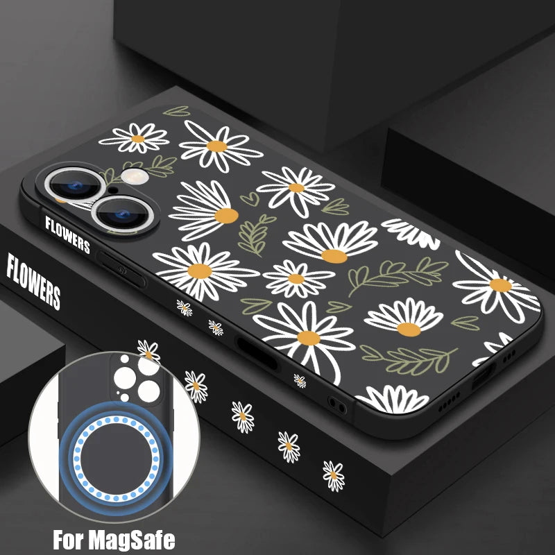 White Flowers Magnetic Case For iPhone 17e 17 16 15 14 13 12 Pro Max 11 16e For Magsafe Wireless Charge Soft Lanyard Phone Cover