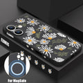 White Flowers Magnetic Case For iPhone 17e 17 16 15 14 13 12 Pro Max 11 16e For Magsafe Wireless Charge Soft Lanyard Phone Cover