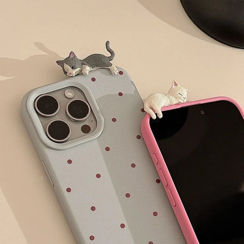 Cute 3D Cat Decorative Polka Dot Phone Case For iPhone 16 15 14 13 12 11 Pro Max 15 16 Plus Shockproof Bumper Silicone Cover
