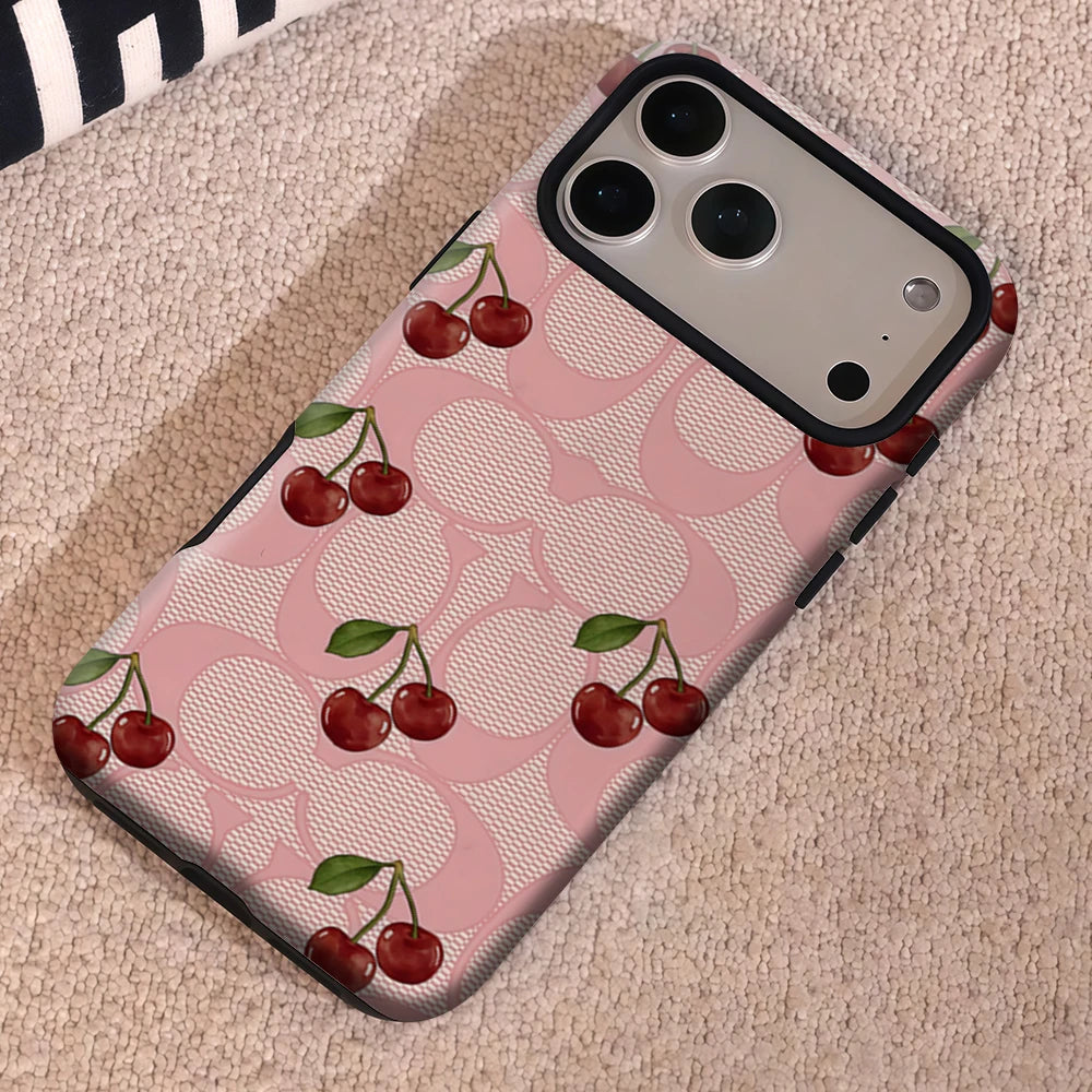 Fashionable Pink Mesh Cherry Phone Case for iPhone 17 16e 16 15 14 13 12 11 7 8 Air Pro Max Plus Luxury Double-layer Back Cover