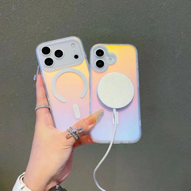 NEW For Iphone 17 Pro Max Laser Color-Changing Matte Phone Case 16 pro 15 14 13 Magnetic Cover Gradient Colors cases Sun Set Sky