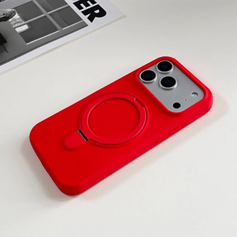 Metal Stand Holder Original Liquid Silicone Case for iPhone 17 Air 16 15 14 Plus 13 12 Pro Max For Magsafe Soft Shockproof Cover