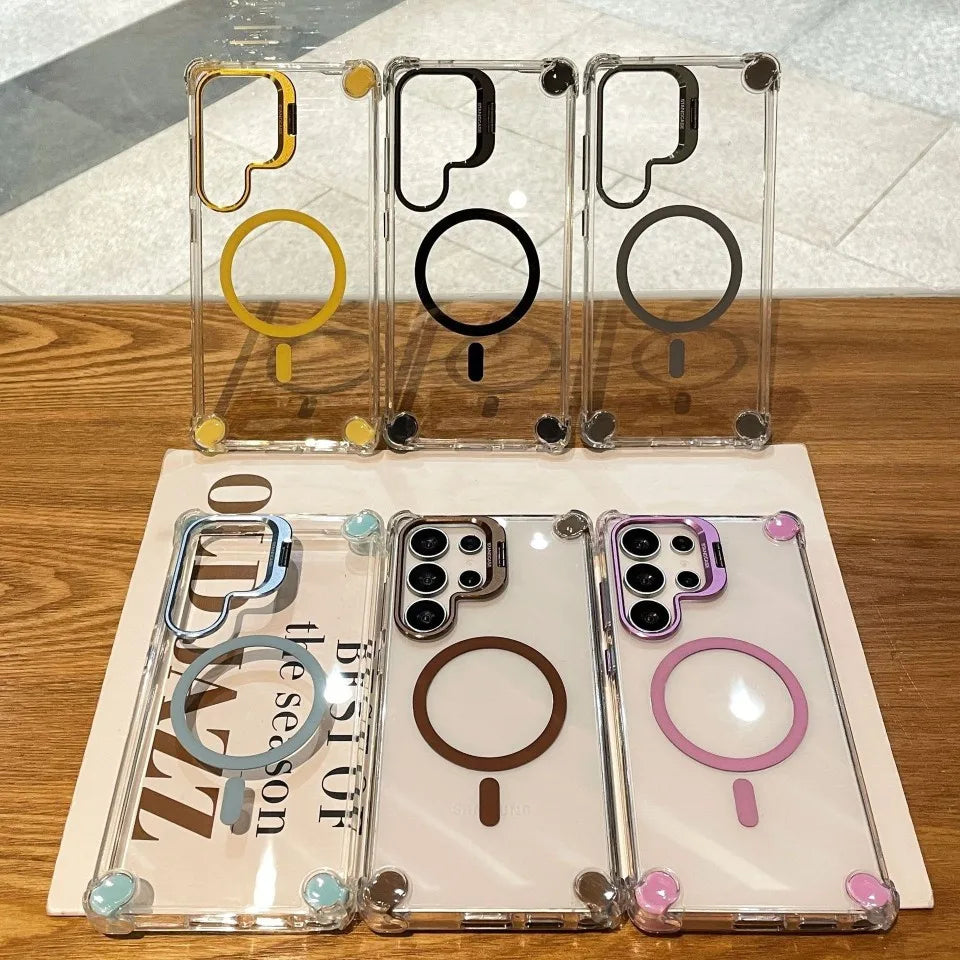 for Samsung Galaxy S26 Ultra S26 Plus Case Magnetic Crystal Clear Shockproof Air-cushion Cover Mag-safe Alloy Camera Stand Shell