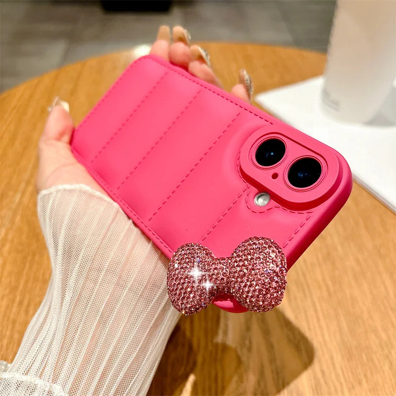 Soft Down Jacket Puffer Phone Case for iPhone X XS SE 7 8 16 15 14 13 12 11 Pro Max XR Plus Luxury Diamond Kitty Bowknot Cover