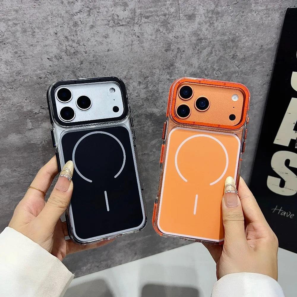 Luxury Two Tone Border Transparent Strong Magnetic Case for IPhone 17 Pro Max Air 16 Plus 15 14 13 12 Pro Max For Magsafe Cover