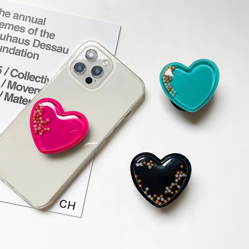 Hearts Pearls Liquid Quicksand Phone Grip For iPhone Samsung Huawei Xiaomi Universal Phones Finger Bracket Holder