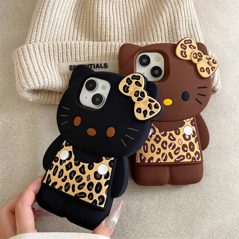 3D Cartoon Leopard Hello Kitty Silicone Phone Case For iPhone 17 13 14 15 16 Pro Max