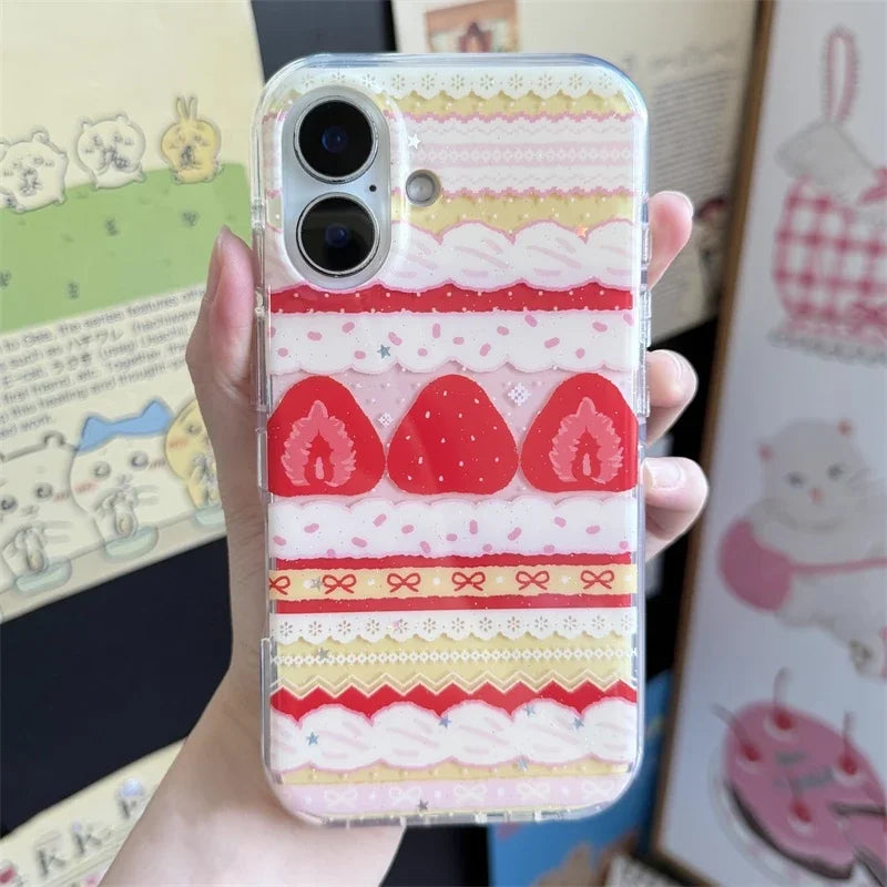Cream Strawberry Cake Lace Bowknot Phone Case For iPhone 17 16 15 14 13 12 11 Pro Max 16e 17 Air X XR XS Max 7 8 Plus Soft Cover