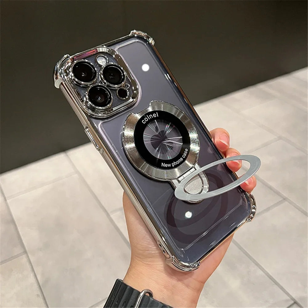 Luxury Plating Shockproof Magnetic Bracket For Magsafe Clear Case For iPhone 17 16 15 14 13 12 Pro Max With Holder Stand Cover