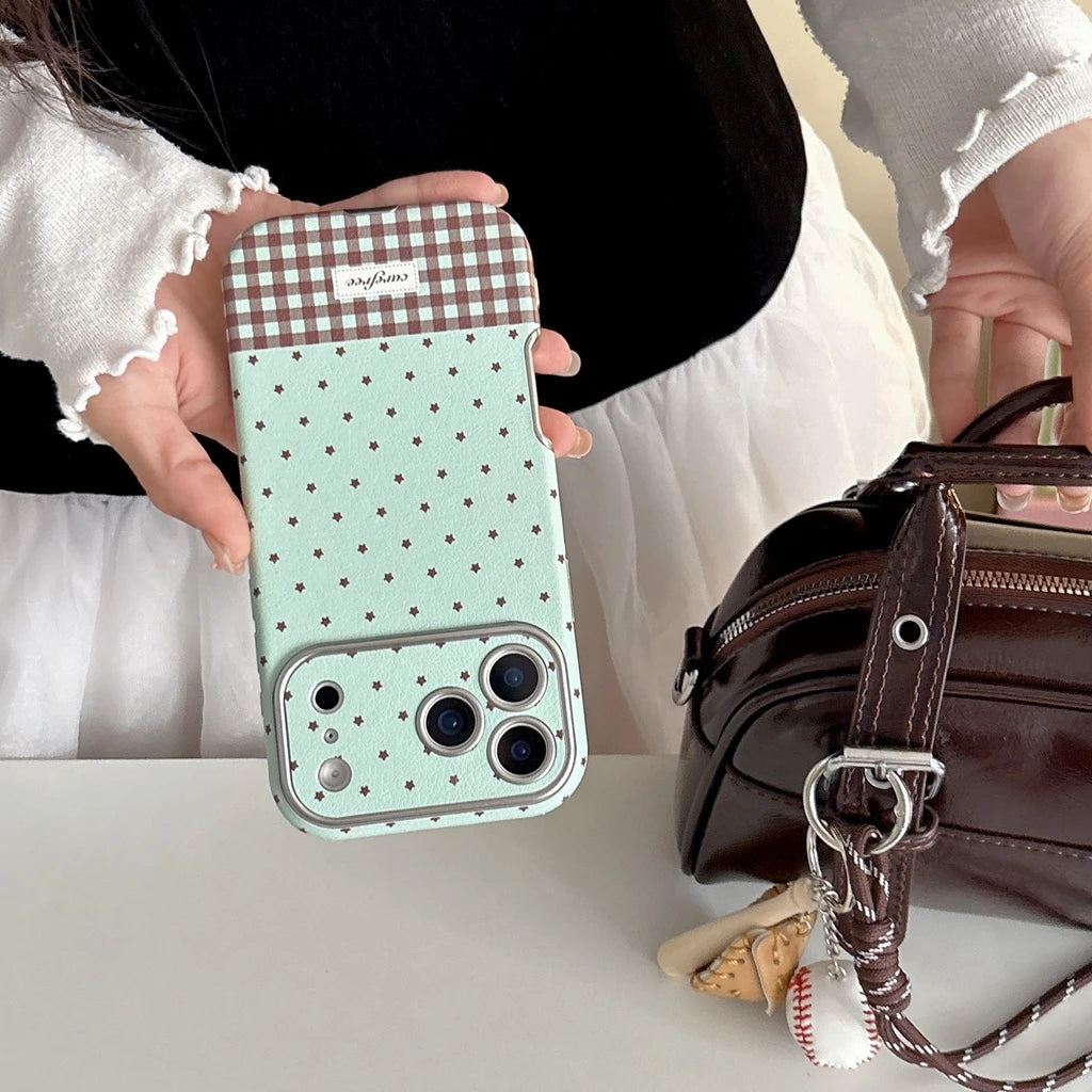 Simple Mint Green Mint Green Splicing Grid Pattern Big Window Shock Proof Phone Cover Case for iPhone 17 16 15 14 Pro Max