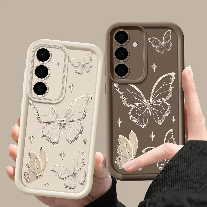 Gold Butterfly Print Case For Samsung Galaxy S25 S22 S23 Ultra S24 FE A56 A17 A36 A26 A55 A16 A15 A35 A25 A54 5G Soft TPU Cover