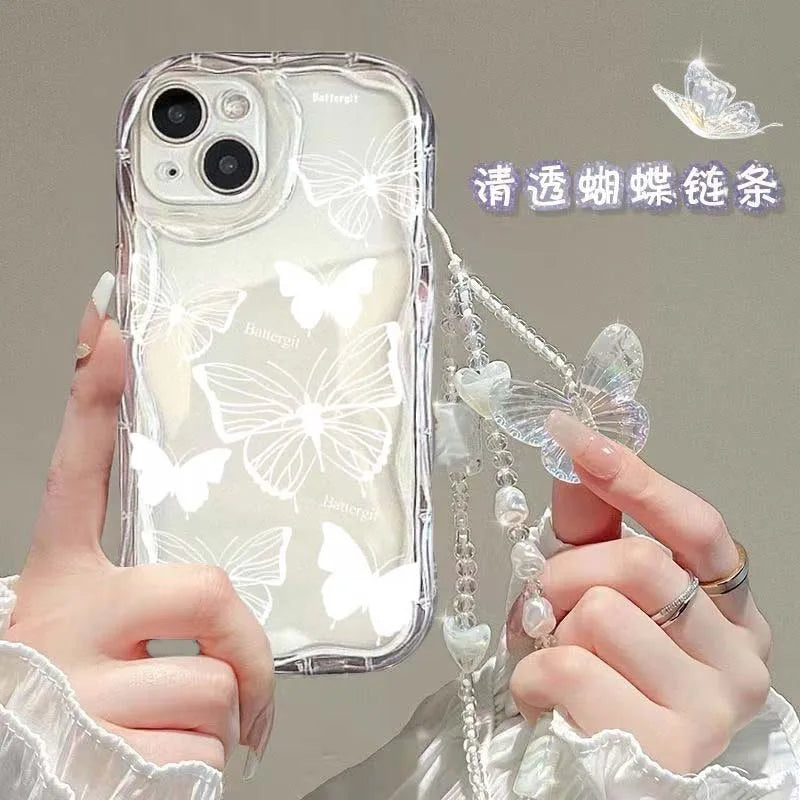 Korean Cute 3D Butterfly Bracelet Chain Phone Case For IPhone 15 16 17 Pro Max 14 11 13 12 Mini Plus 16E 17 Air Wavy Clear Cover