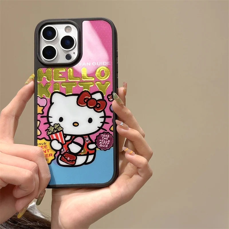 Hello Kitty Magnetic Case for iPhone 13 14 15 16 Pro Max with Popcorn & Bicycle Design, Metallic Glitter Shockproof Phone Cover