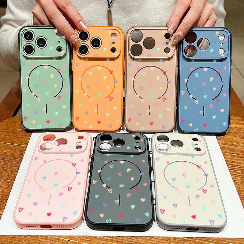 Colorful Heart Print Magnetic Phone Case For iPhone 17 Pro Max 16 15 14 13 Pro Max For Magsafe Wireless Charge TPU Hard PC Cover