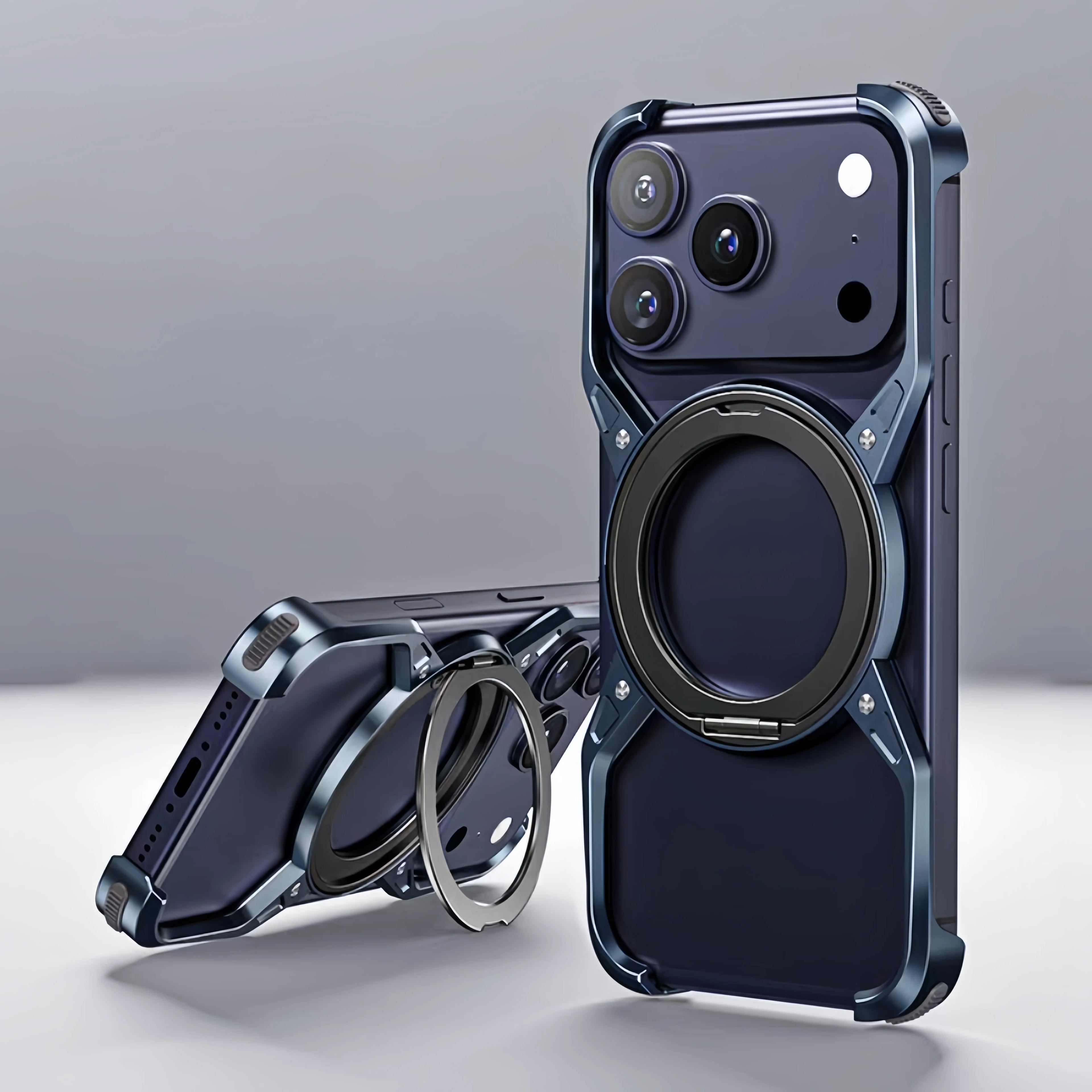 Metal Alloy Punk Frame Phone Case For iPhone 17 16 15 14 13 Pro Max 360 Rotating Bracket Magsafe Ring Magnet Stand Bumper Cover