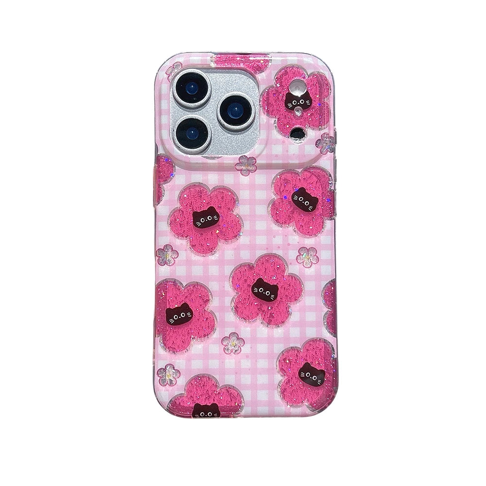 Cute Pink Grid Pattern for Iphone 17Promax Cartoon Black Cat Glitter Case for iPhone 14 15 16 Pro Max 17 pro Shockproof Cover