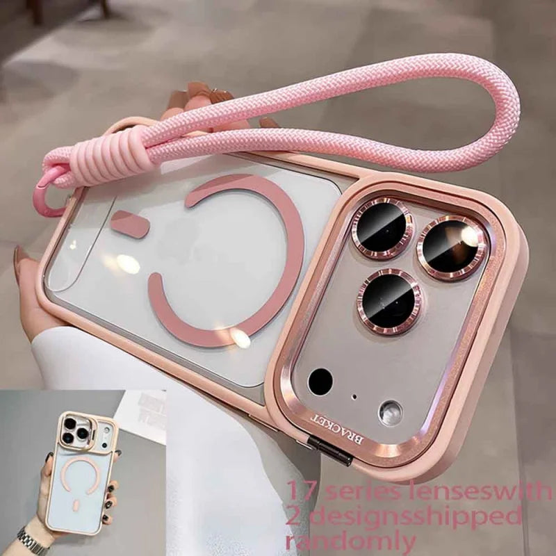 Luxury Orange Lanyard Magnetic Wireless Charging Metal Lens Holder Phone Case，CompatibleiPhone 17 Pro Max Air 16 15 14 13 12 Pro
