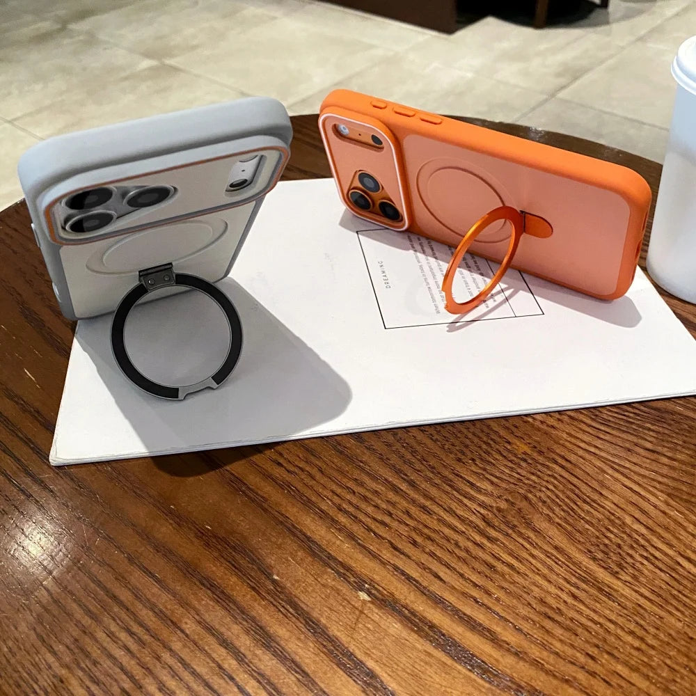 Luxury For Magsafe Magnetic Fold Metal Bracket Phone Case For iPhone 17 Air 16 15 14 Plus 13 12 Pro Max Matte Shockproof Cover