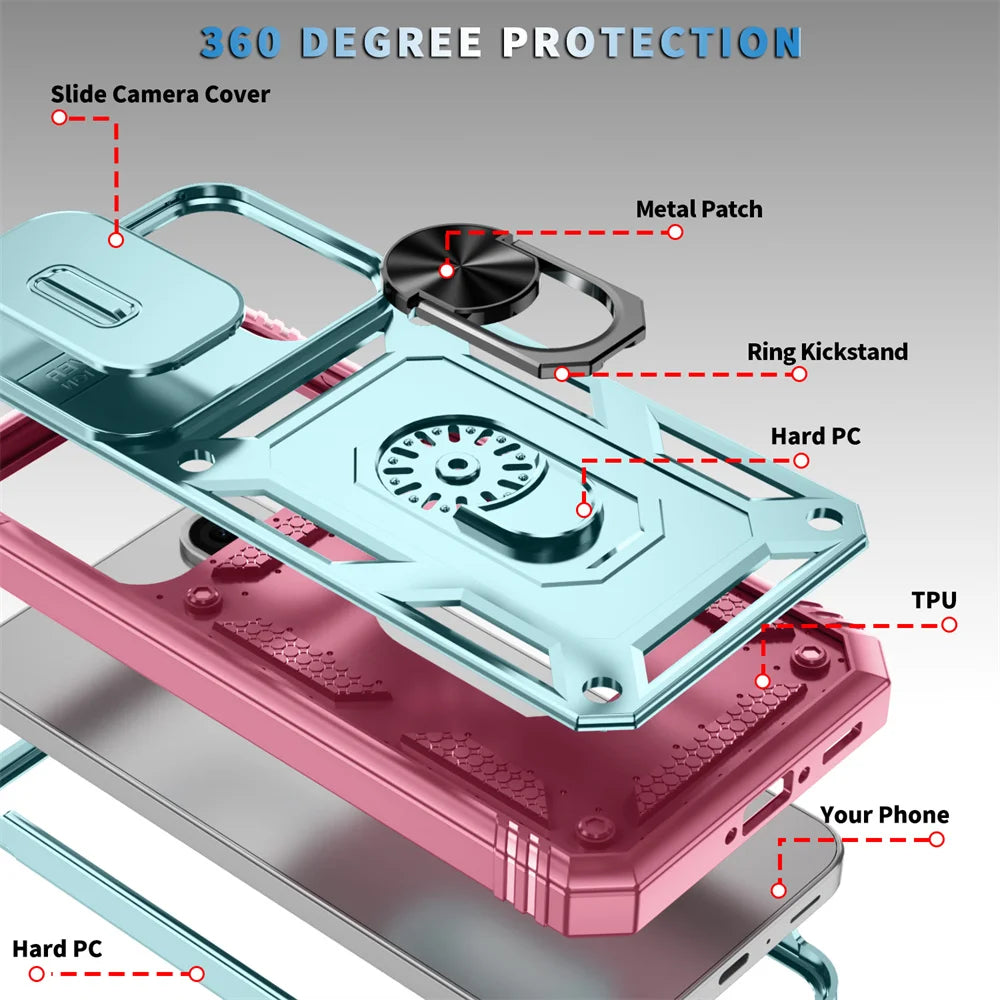 360 Ring Holder Kickstand Slide Camera Protection Phone Case For Samsung Galaxy A56 A55 A54 A53 A36 A35 A26 A25 A17 A16 A15 A06