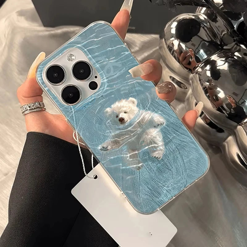 Summer Fresh Cute Swimming Bear Cartoon Creative Kawaii Phone Case For iPhone 17 16 15 14 13 12 11 Pro Max 7 8 Plus Y2K Cover