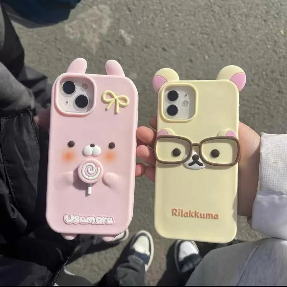 For iPhone 17 16 15 14 13 12 11 Pro Max XR 5 6 7 8 Plus 17promax Cartoon 3D Pink Rabbit Bear Rilakkuma Phone Case Silicone Cover